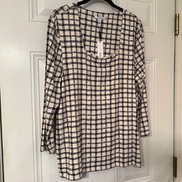 Chicos Size 3 Black & Cream Grid Pattern Square-Neck Lined Shirt, 3/4 Sleeve NWT - Picture 14 of 15